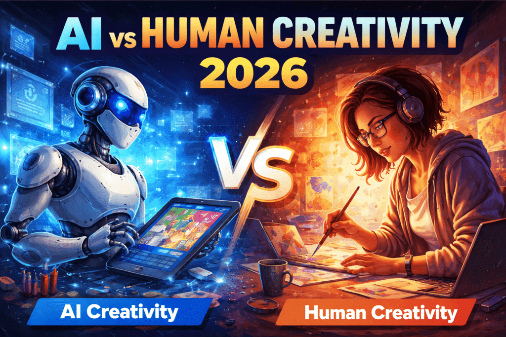 AI vs human creativity 2026 comparison showing robot and human artist working side by side