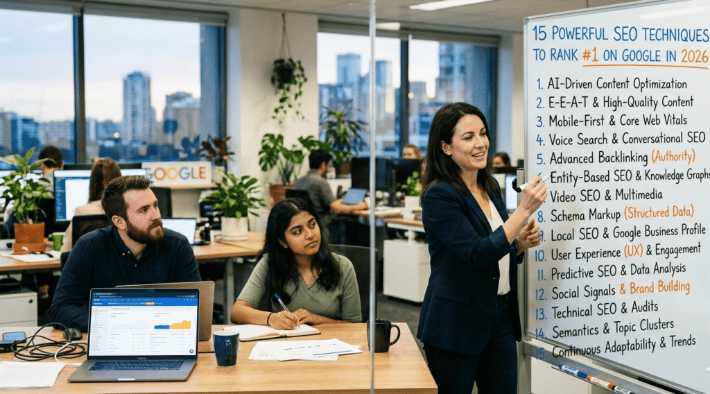 15 Powerful SEO Techniques to Rank #1 on Google in 2026
Search Intent Optimization
Build Topical Authority
EEAT is Non-Negotiable
AI + Human Content Strategy
Zero-Click SEO Optimization
Voice Search Optimization
Programmatic SEO
Content Depth Over Length
Internal Linking Strategies
User Experience (UX) Signals
Featured Snippets Optimization
Semantic SEO & Entities
Content Refresh Strategy
Personal Branding for SEO
High-Quality Backlinks (Still Matter)