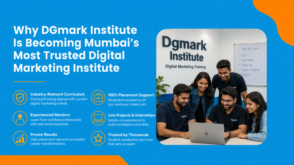 Students learning digital marketing concepts at DGmark Institute in Mumbai
DGmark Institute digital marketing training classroom with students and mentors
Why DGmark Institute is Mumbai’s trusted digital marketing institute banner
Digital marketing institute in Mumbai offering practical training and placements
DGmark Institute students attending live digital marketing training session