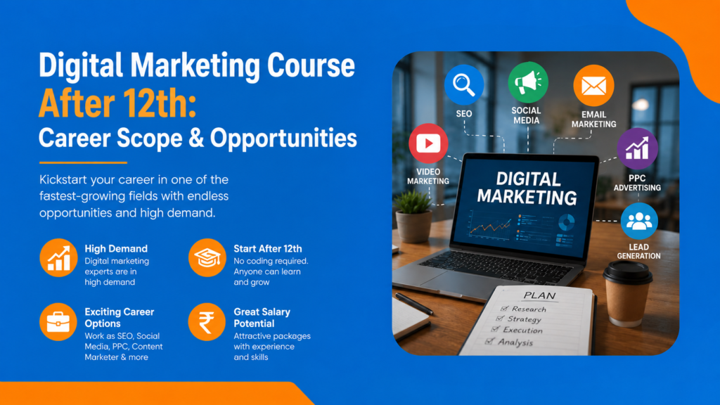 “Digital Marketing Course After 12th: Career Scope & Opportunities banner featuring a modern blue and orange design, laptop with digital marketing graphics, and icons for SEO, social media, email marketing, PPC advertising, and career growth opportunities.”