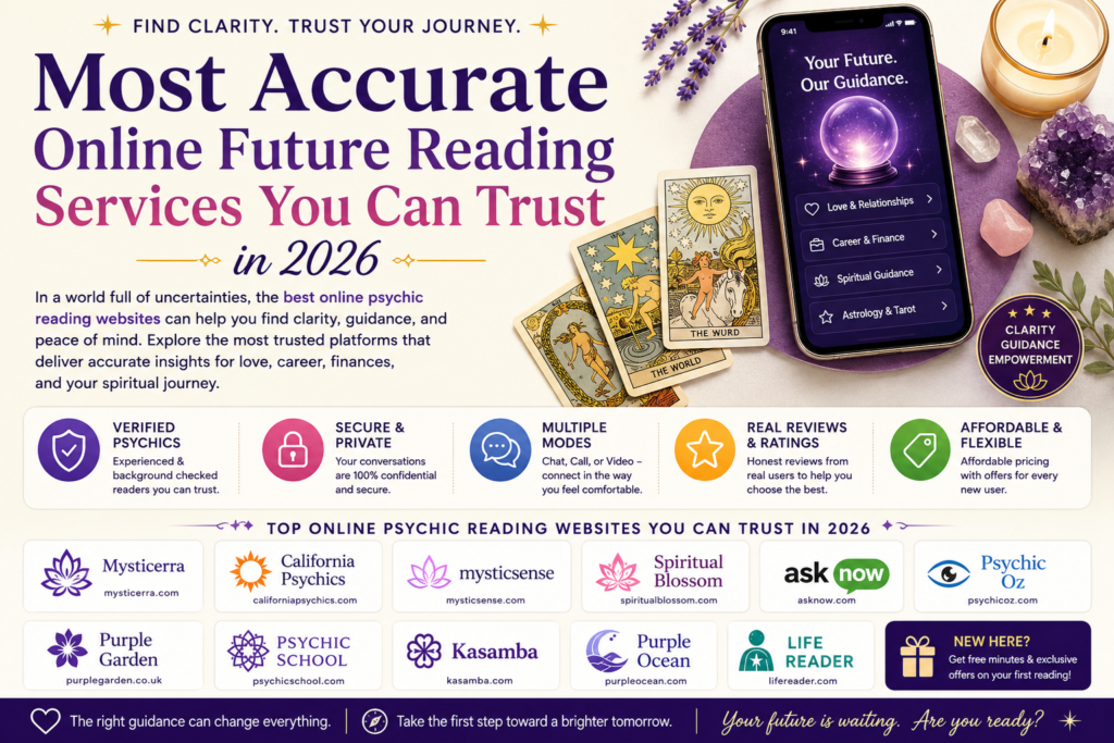 Best online psychic reading websites banner featuring tarot cards, spiritual guidance, and trusted future reading services in 2026